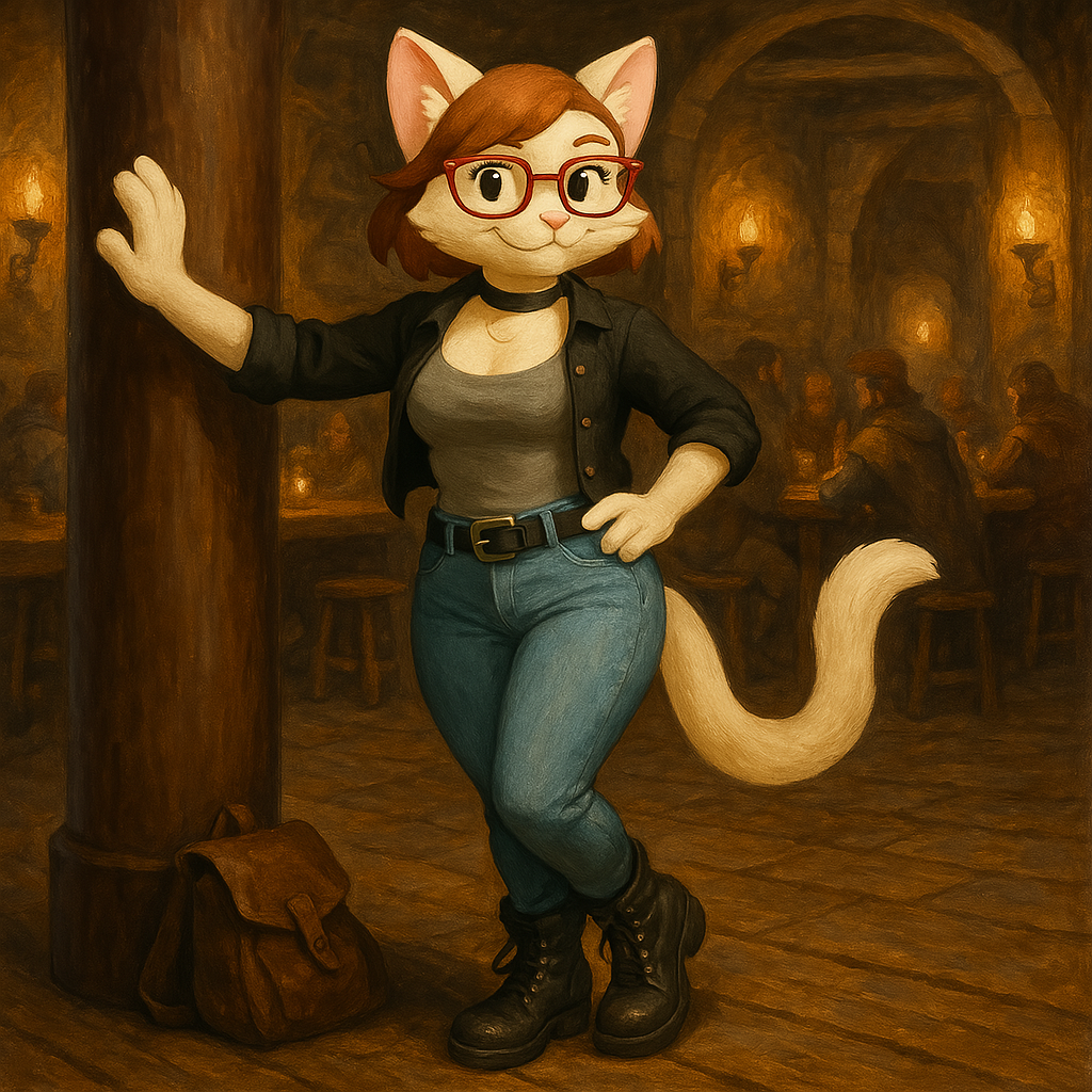 A cartoon cat character in a cozy tavern setting